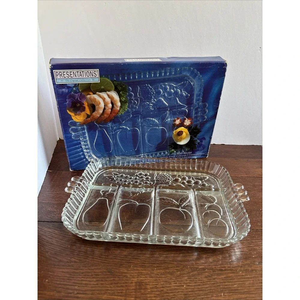 Indiana Glass Co Crystal Five Part Compartment Relish Serving‎ Tray Plate Easter